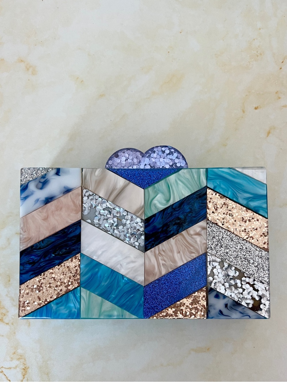 Elizabeth Sutton Blue Multi Chevron Mosaic Acrylic Clutch